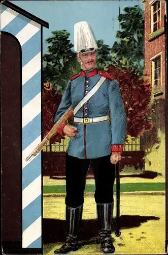 Künstler Litho deutscher Soldat auf Wachposten, Gewehr, Federbusch, Kaiserreich