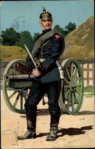 Künstler Litho Hoffmann, A., Deutscher Soldat, Kanonier, Munitionsgürtel, Pickelhaube, Kaiserreich