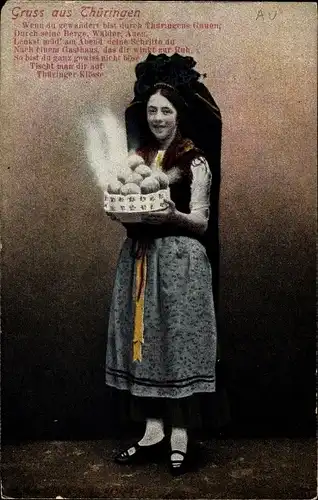 Ak Gruß aus Thüringen, Frau in Tracht mit Klößen