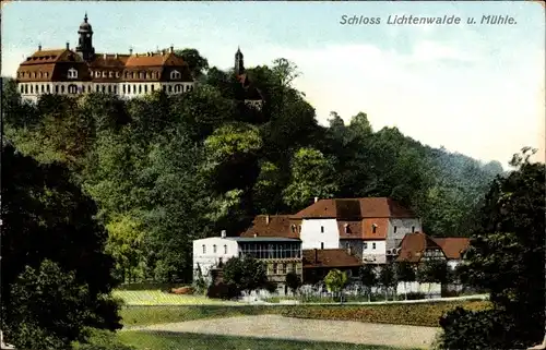 Ak Lichtenwalde Niederwiesa im Kreis Mittelsachsen, Blick auf Schloss und Mühle, Häuser