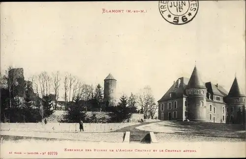 Ak Blamont Meurthe et Moselle, Ensemble des Ruines de l'ancien Chateau et le Chateau Acturl