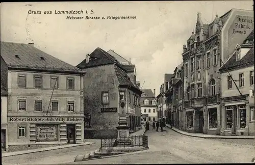 Ak Lommatzsch in Sachsen, Meißner Straße, Kriegerdenkmal, Biscuit Fabrik, Handlung Robert Richter