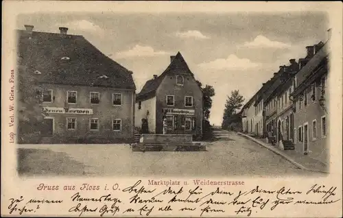 Ak Floß im Kreis Neustadt an der Waldnaab Oberpfalz, Marktplatz und Weidener Straße