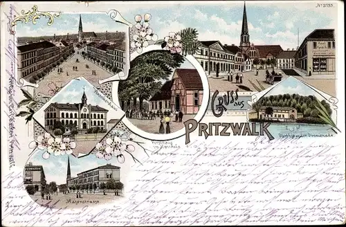 Litho Pritzwalk in der Prignitz, Hagenstraße, Forsthaus, Promenade