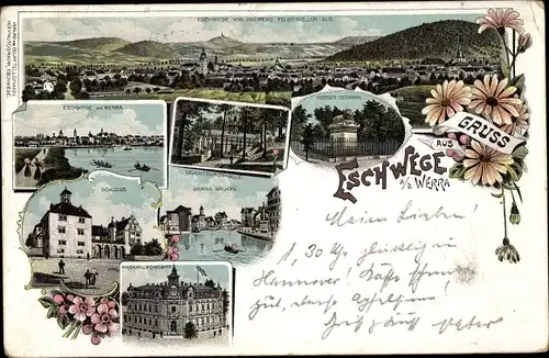 Litho Eschwege an der Werra, Blick auf den Ort, Postamt, Schloss, Hessen Denkmal