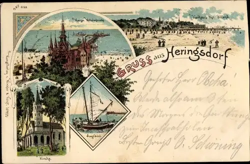 Litho Ostseebad Heringsdorf auf Usedom, Kurhaus, Strand, Jagdboot, Kirche