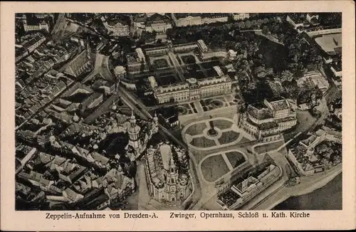 Ak Dresden Altstadt, Zwinger, Opernhaus, Schloss, Kath. Kirche, Zeppelinaufnahme