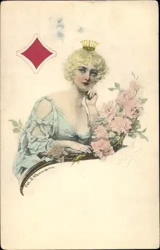 Künstler Ak Neumann, J., Karte, Karo, Dame, Rose