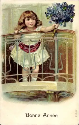 Präge Ak Glückwunsch Neujahr, Mädchen mit Blumenstrauß, Balkon