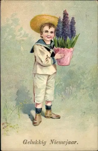 Präge Ak Glückwunsch Neujahr, Junge mit Blumen im Blumentopf