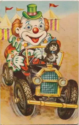 Wackelaugen Ak Clown im Automobil, Hund, Grüner Hut, Zirkus-Zelte