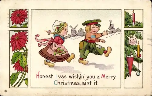 Präge Ak Glückwunsch Weihnachten, Kinder in niederländischer Tracht, Stechpalme, Windmühlen