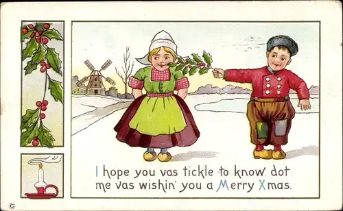 Präge Ak Glückwunsch Weihnachten, Kinder in niederländischer Tracht, Stechpalme, Windmühle, Kerze