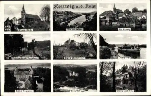 Ak Kettwig Essen im Ruhrgebiet, Kirche, Bootshaus, Schloss Charlottenhof, Burg, Schloss Landsberg