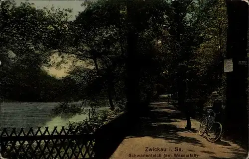 Ak Zwickau Sachsen, Schwanenteich am Wasserfall, zwei Herren, Fahrrad