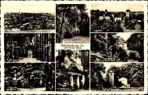 Ak Waldenburg in Sachsen, Fürstl. Park, Schloss, Mausoleum, Parkschlösschen