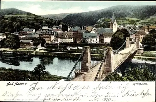 Ak Nassau im Rhein Lahn Kreis, Panoramaansicht von Kettenbrücke aus