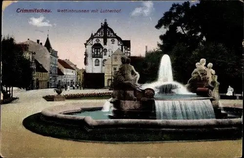 Ak Crimmitschau, Wettinbrunnen mit Lutherhof