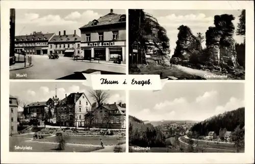 Ak Thum im Erzgebirge Sachsen, Teilansicht, Greifensteine, Marktplatz, Schulplatz