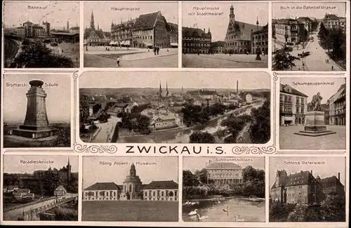 Ak Zwickau in Sachsen, Bahnhof, Hauptmarkt, Stadttheater, Schlösser, Museum, Denkmal