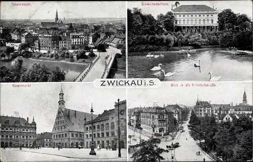 Ak Zwickau in Sachsen, Schwanenschloss, Hauptmarkt, Bahnhofstraße, Schwäne
