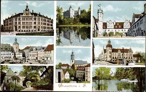 Ak Glauchau in Sachsen, Schloss Hinterglauchau, Schlosshof, kaiserliches Postamt, Marktplatz
