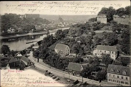 Ak Posta Pirna in Sachsen, Elbpartie mit Blick auf Schloß Sonnenstein