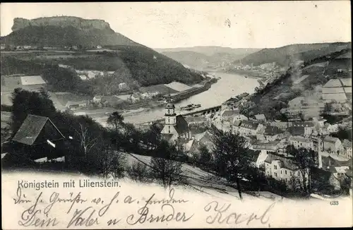 Ak Königstein an der Elbe Sächsische Schweiz, Elbpartie mit Blick auf den Ort, Lilienstein