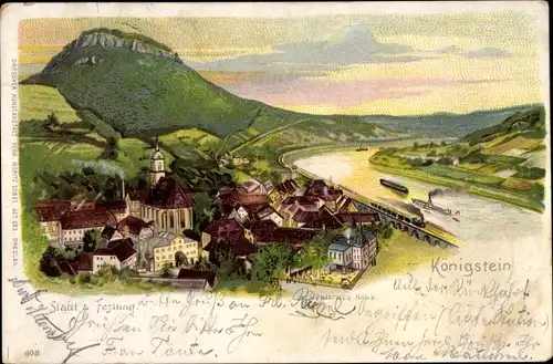 Litho Königstein an der Elbe Sächsische Schweiz, Elbpartie mit Dampfer, Stadt und Festung