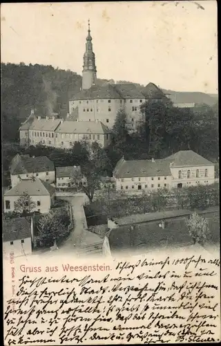 Ak Weesenstein Müglitztal in Sachsen, Teilansicht des Ortes mit Blick auf das Schloß