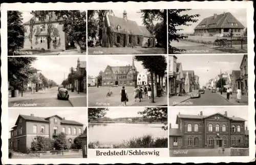 Ak Bredstedt in Nordfriesland, Bahnhof, Bahnhofstraße, Kirche, Mittelschule, Rathaus