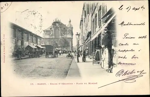 Ak Nancy Meurthe et Moselle, Eglise Saint Sebastian, Place du Marche