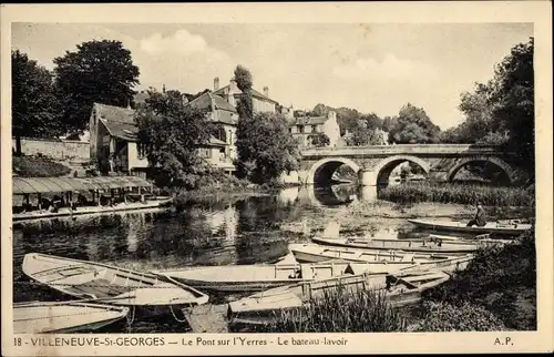 Ak Villeneuve Saint Georges Val de Marne, Le Pont sur l'Yerres, Le bateau lavoir