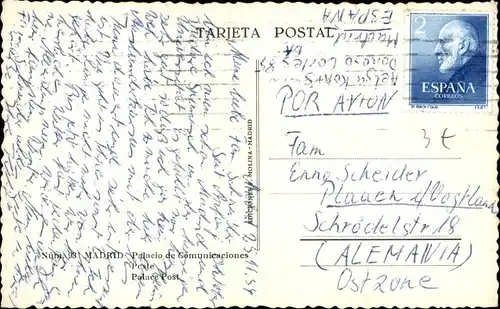 Ak Madrid Spanien, Palacio de Comunicaciones, Straßenbahn