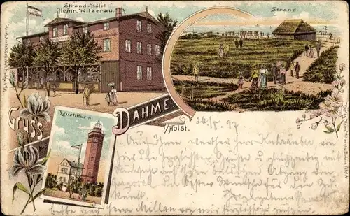 Litho Ostseebad Dahme in Holstein, Leuchtturm, Strand, Strandhotel