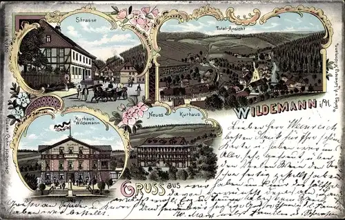 Litho Wildemann Clausthal Zellerfeld im Oberharz, Kurhaus, Bahnhof, Straße