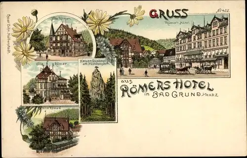 Litho Bad Grund im Harz, Gruß aus Römer's Hotel, Villa Römer, Kaiserdenkmal