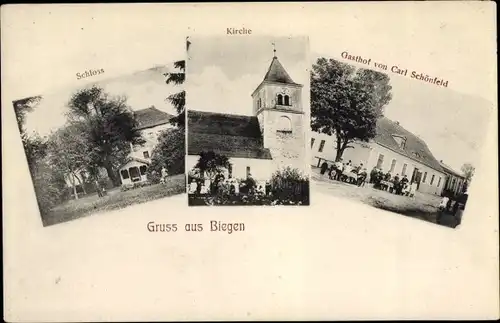 Ak Biegen Briesen in der Mark, Gasthof, Kirche, Schloss