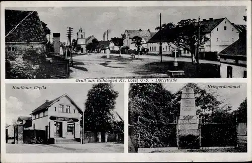 Ak Poborszów Poborschau Eichhagen Oberschlesien, Dorfstraße, Kaufhaus Chylla, Kriegerdenkmal