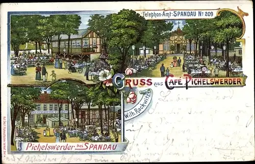 Litho Berlin Spandau Wilhelmstadt Pichelswerder, Cafe von Wilh. Rackwitz