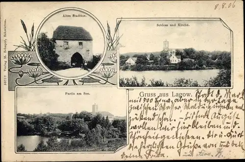 Ak Łagów Lagow Neumark Ostbrandenburg, Altes Stadttor, Seepartie, Schloss, Kirche