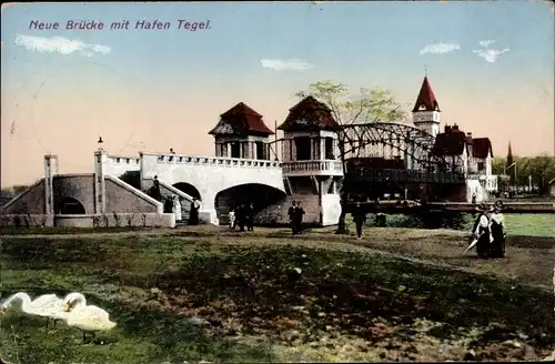 Ak Berlin Reinickendorf Tegel, Partie bei der neuen Brücke mit Blick auf Hafen, Schwäne