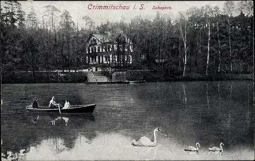 Ak Crimmitschau in Sachsen, Sahnpark, Ruderboot, Schwäne