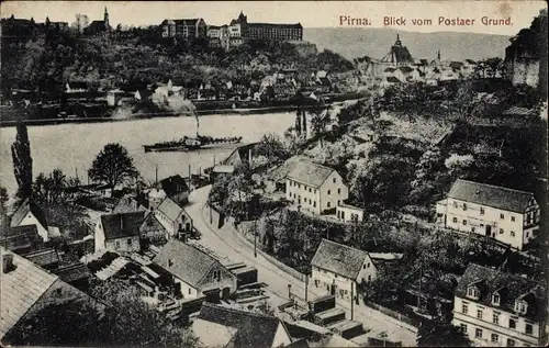 Ak Posta Pirna in Sachsen, Elbpartie mit Dampfer, Blick vom Postaer Grund auf Schloß Sonnenstein