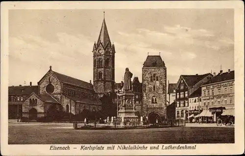 Ak Lutherstadt Eisenach in Thüringen, Karlsplatz mit Nikolaikirche und Lutherdenkmal