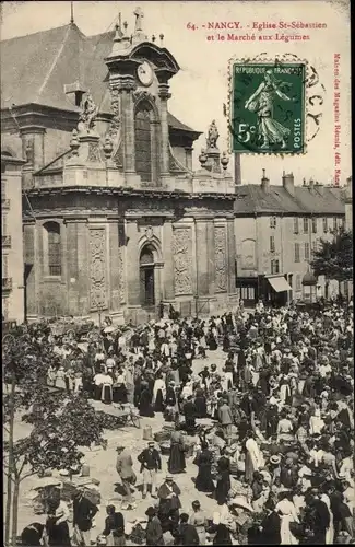 Ak Nancy Meurthe et Moselle, Eglise Saint Sebastian et le Marche aux Legumes