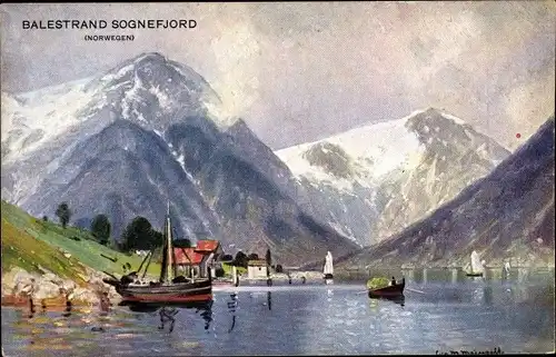 Künstler Ak Meinzolt, Balestrand Sognefjord Norwegen, Hafen, Fischerboot, Berge