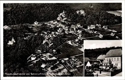 Ak Georgenborn Schlangenbad im Taunus Hessen, Fliegeraufnahme vom Ort, Gasthof Zur schönen Aussicht