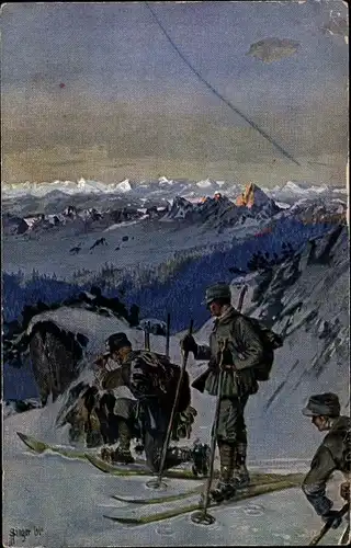 Künstler Ak Singer, Albert, Schneeschuhläufer Patrouille, Soldaten auf Skiern