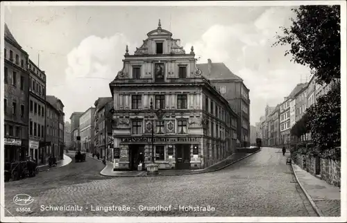 Ak Świdnica Schweidnitz Schlesien, Langstraße, Grundhof, Hohstraße, Apotheke, Geschäft Carl Seidel